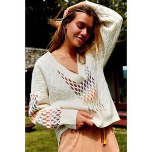 Anthropologie Maeve Lambswool Sweater Womens XS Chunky Cable Knit Rainbow V Neck